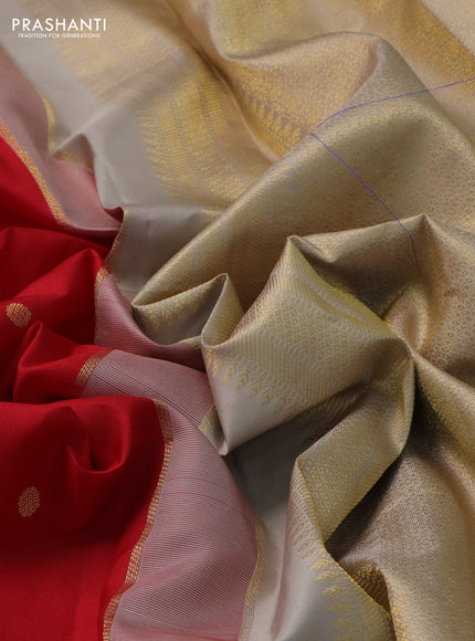 Pure kanchipuram silk saree red and beige with zari woven buttas and temple design zari woven korvai border