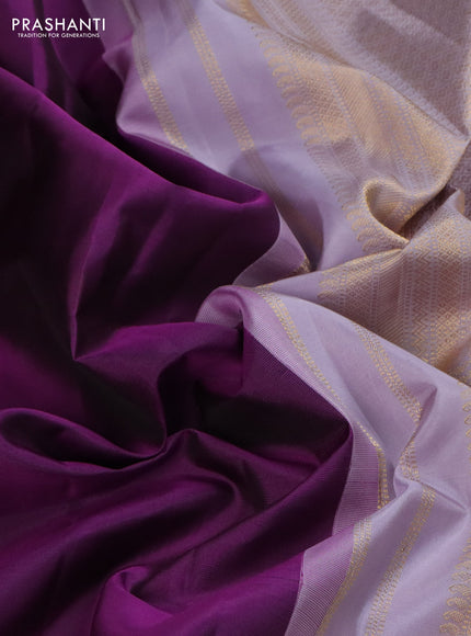 Pure kanchipuram silk saree purple and grey shade with plain body and temple design zari woven korvai border