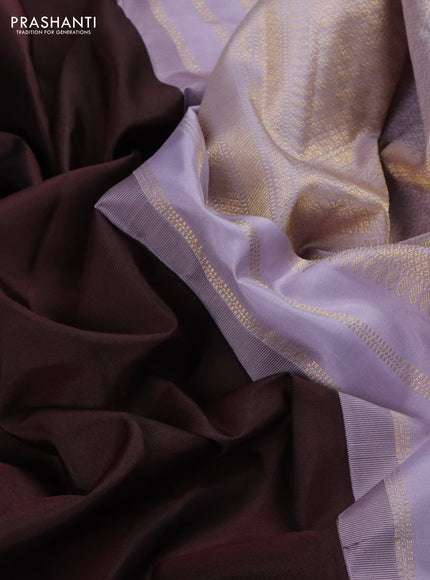 Pure kanchipuram silk saree coffee brown and pastel lavender with plain body and temple design zari woven korvai border