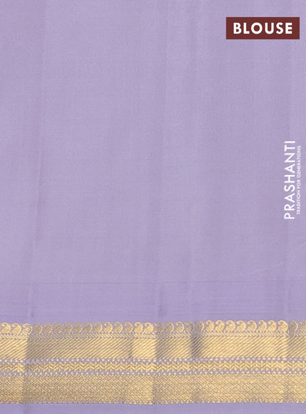 Pure kanchipuram silk saree coffee brown and pastel lavender with plain body and temple design zari woven korvai border