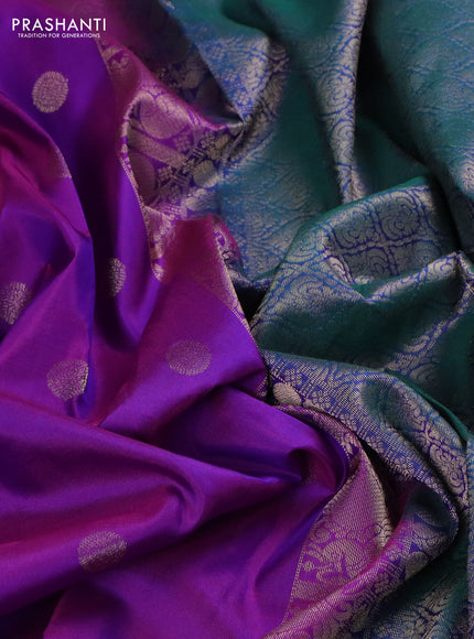 Pure kanchipuram silk saree purple and dual shade of teal green with zari woven buttas and annam zari woven border