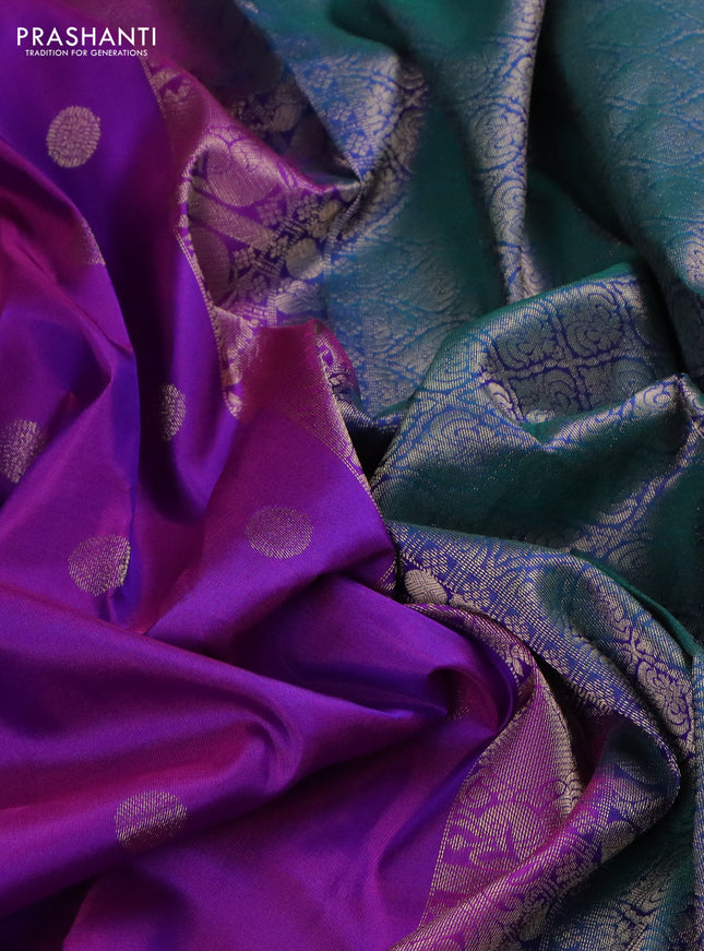 Pure kanchipuram silk saree purple and dual shade of teal green with zari woven buttas and annam zari woven border