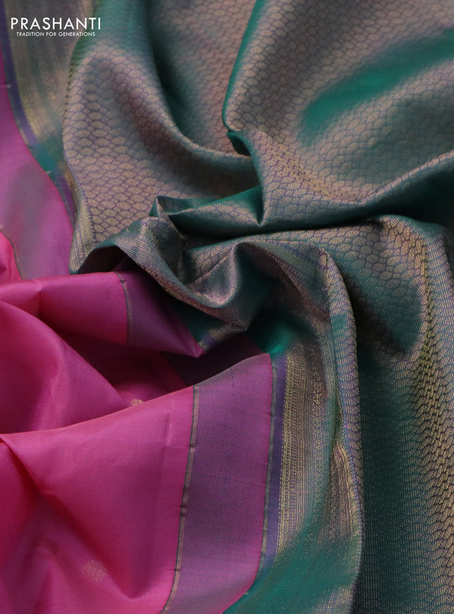 Pure kanchipuram silk saree light pink and teal green with zari woven buttas and rich zari woven border