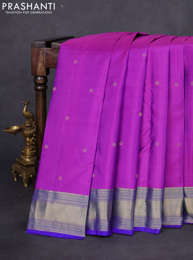 Pure kanchipuram silk saree purple and blue with zari woven buttas and rich zari woven border