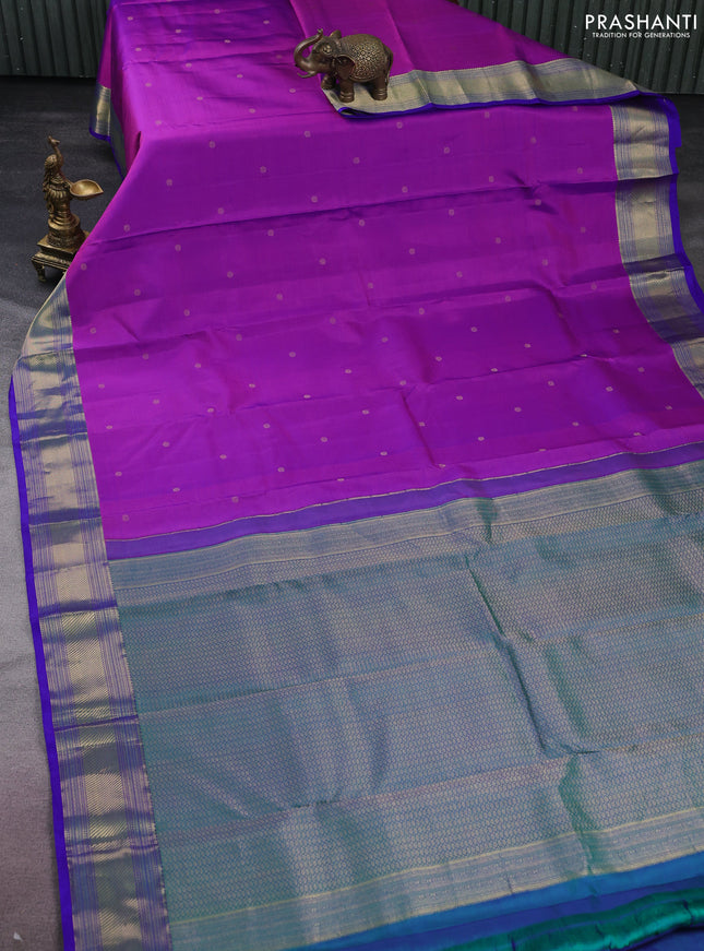 Pure kanchipuram silk saree purple and blue with zari woven buttas and rich zari woven border