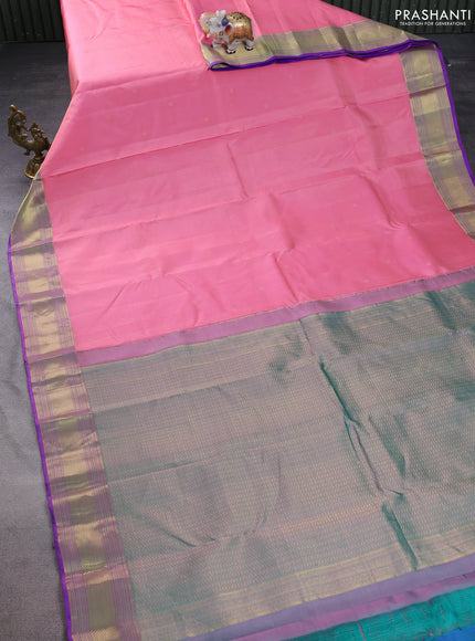 Pure kanchipuram silk saree peach pink and teal green with zari woven buttas and rich zari woven border
