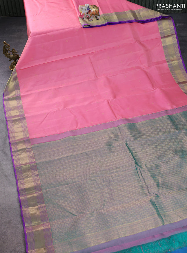 Pure kanchipuram silk saree peach pink and teal green with zari woven buttas and rich zari woven border