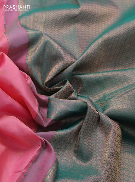 Pure kanchipuram silk saree peach pink and teal green with zari woven buttas and rich zari woven border
