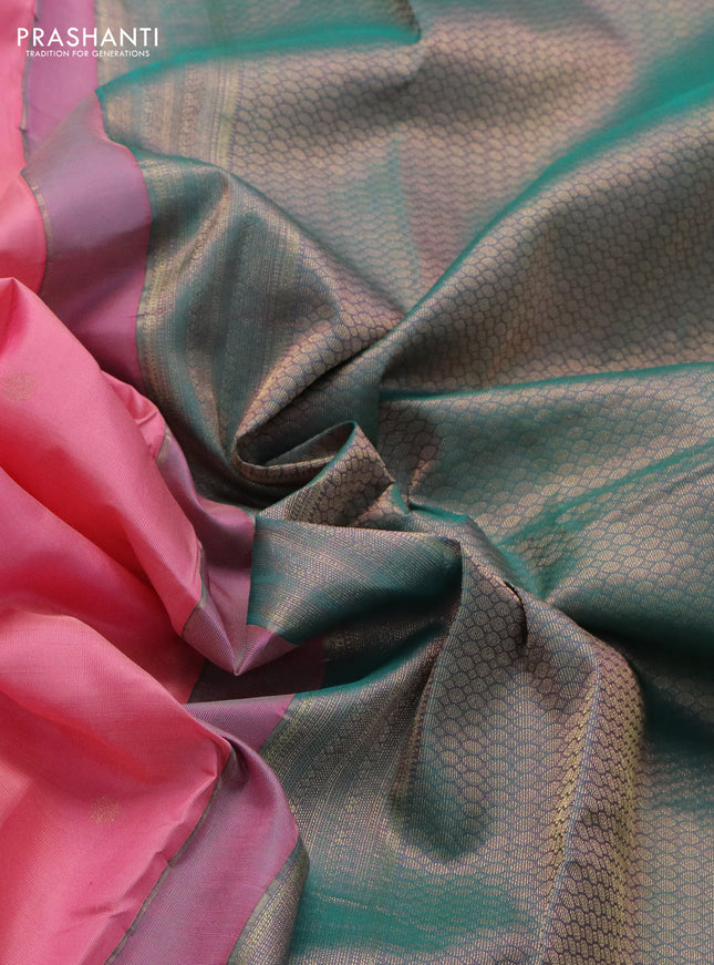 Pure kanchipuram silk saree peach pink and teal green with zari woven buttas and rich zari woven border