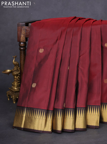 Pure kanchipuram silk saree deep maroon and coffee brown with zari woven annam buttas and temple zari woven border