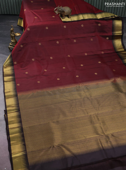 Pure kanchipuram silk saree deep maroon and coffee brown with zari woven annam buttas and temple zari woven border