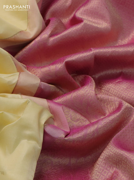 Pure kanchipuram silk saree cream and pink shade with zari woven buttas and rich zari woven border