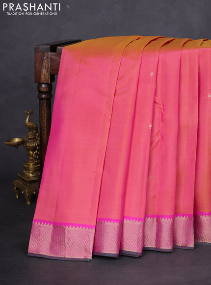 Pure kanchipuram silk saree dual shade of pinkish yellow and pink with zari woven buttas and rich zari woven border