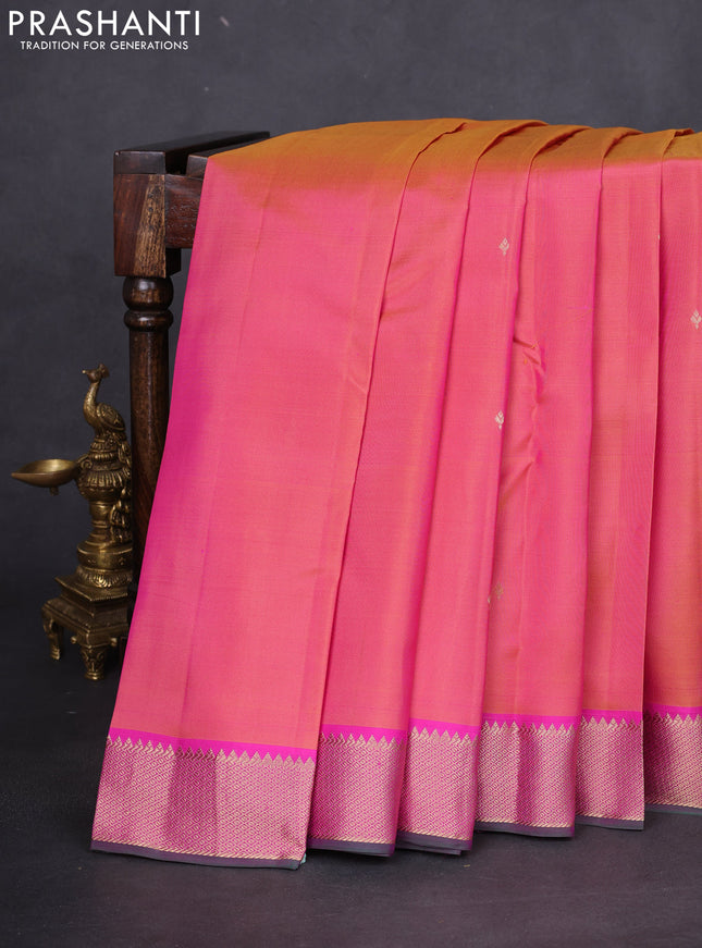 Pure kanchipuram silk saree dual shade of pinkish yellow and pink with zari woven buttas and rich zari woven border