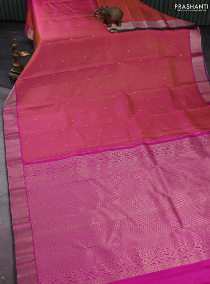 Pure kanchipuram silk saree dual shade of pinkish yellow and pink with zari woven buttas and rich zari woven border