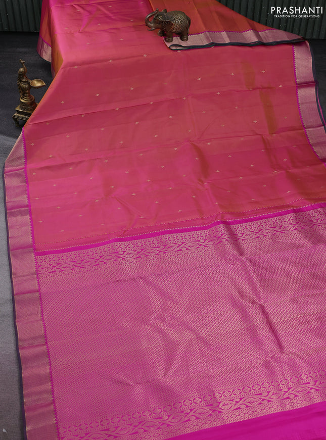 Pure kanchipuram silk saree dual shade of pinkish yellow and pink with zari woven buttas and rich zari woven border