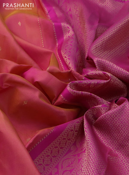 Pure kanchipuram silk saree dual shade of pinkish yellow and pink with zari woven buttas and rich zari woven border