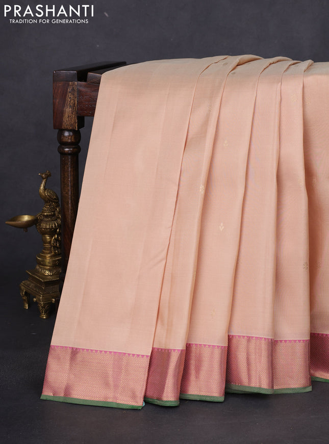 Pure kanchipuram silk saree sandal and pink with zari woven buttas and rich zari woven border