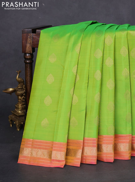 Pure kanchipuram silk saree light green and pink with zari woven buttas and rich zari woven border