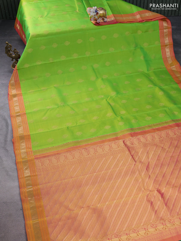 Pure kanchipuram silk saree light green and pink with zari woven buttas and rich zari woven border