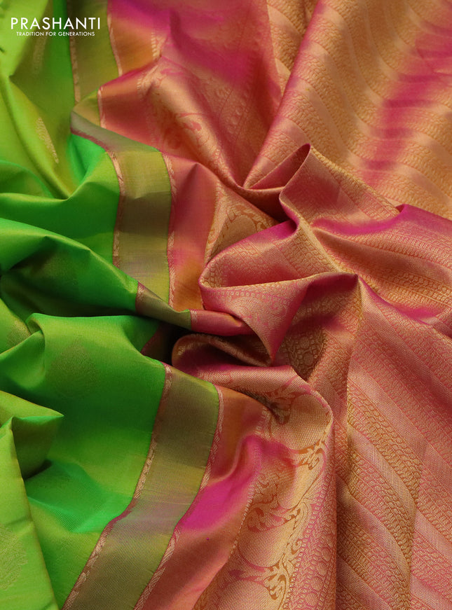 Pure kanchipuram silk saree light green and pink with zari woven buttas and rich zari woven border