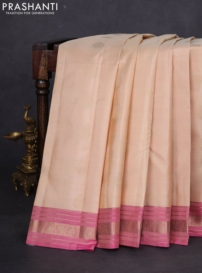 Pure kanchipuram silk saree cream and pink with zari woven buttas and zari woven border