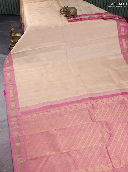 Pure kanchipuram silk saree cream and pink with zari woven buttas and zari woven border