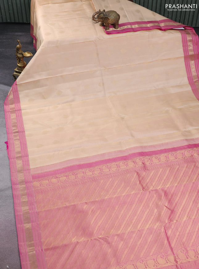 Pure kanchipuram silk saree cream and pink with zari woven buttas and zari woven border