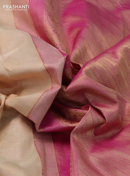Pure kanchipuram silk saree cream and pink with zari woven buttas and zari woven border
