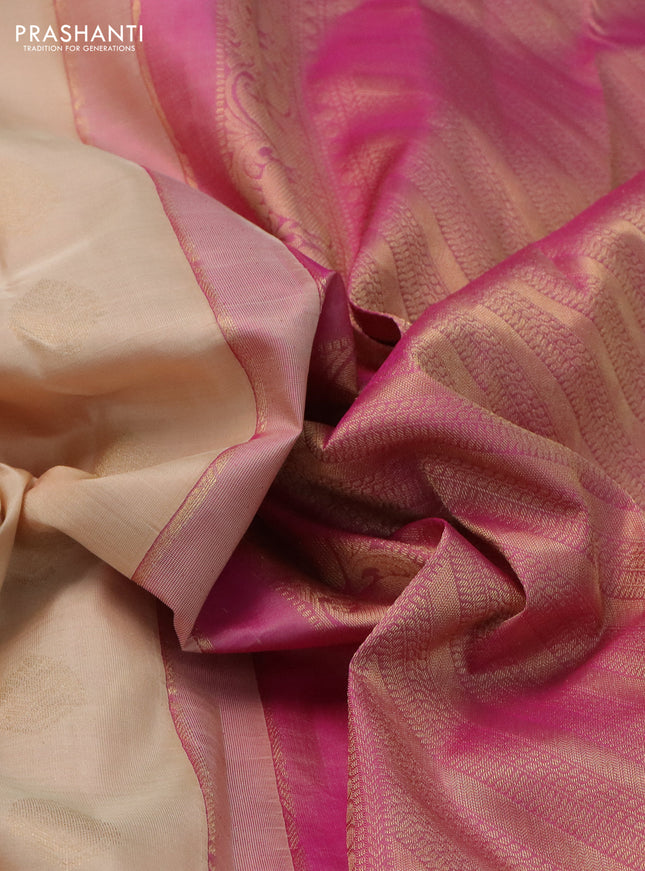 Pure kanchipuram silk saree cream and pink with zari woven buttas and zari woven border