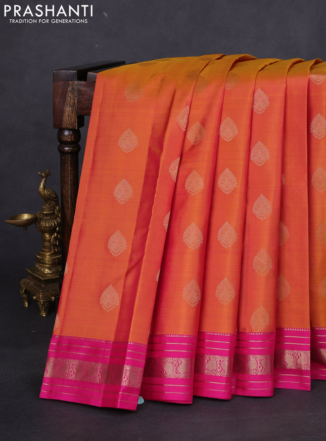 Pure kanchipuram silk saree dual shade of mustard and pink with zari woven buttas and zari woven border