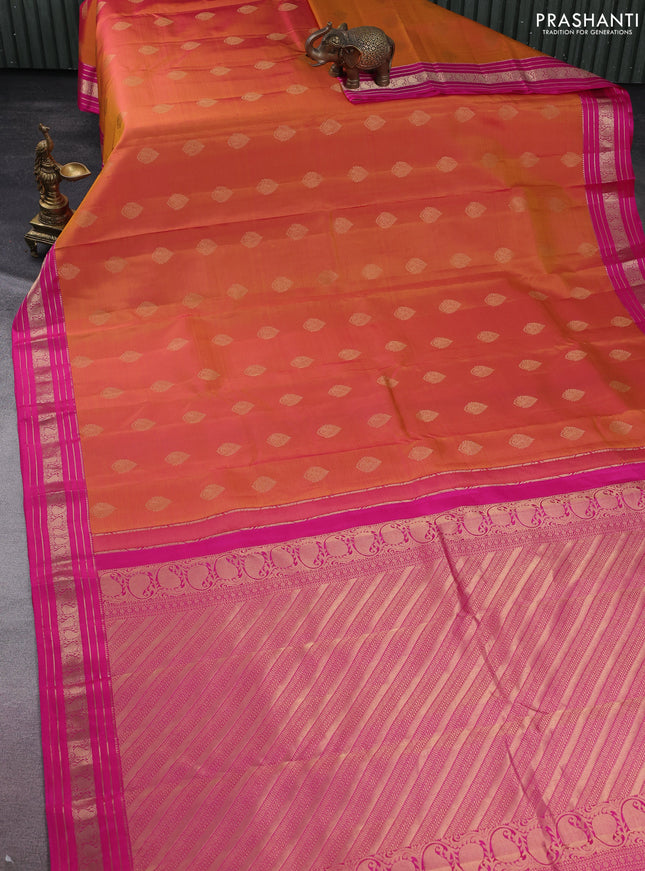 Pure kanchipuram silk saree dual shade of mustard and pink with zari woven buttas and zari woven border