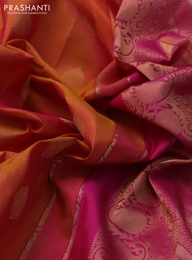 Pure kanchipuram silk saree dual shade of mustard and pink with zari woven buttas and zari woven border