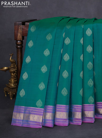 Pure kanchipuram silk saree teal bluish green and purple with zari woven buttas and zari woven border