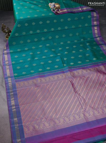 Pure kanchipuram silk saree teal bluish green and purple with zari woven buttas and zari woven border
