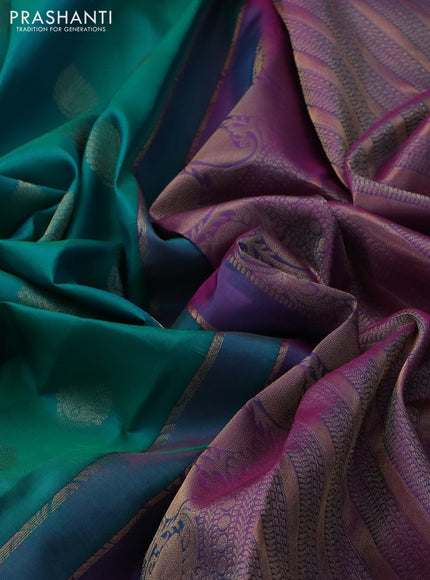 Pure kanchipuram silk saree teal bluish green and purple with zari woven buttas and zari woven border