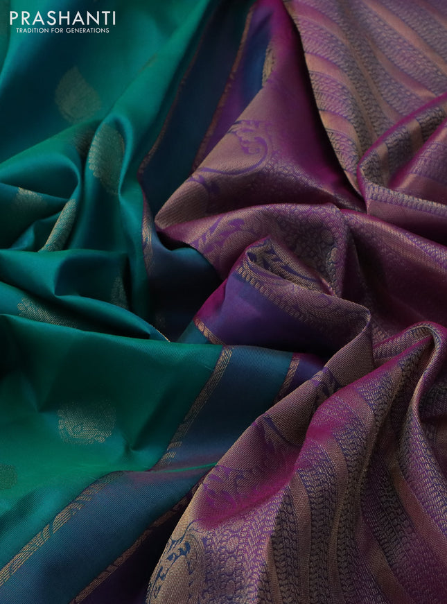 Pure kanchipuram silk saree teal bluish green and purple with zari woven buttas and zari woven border