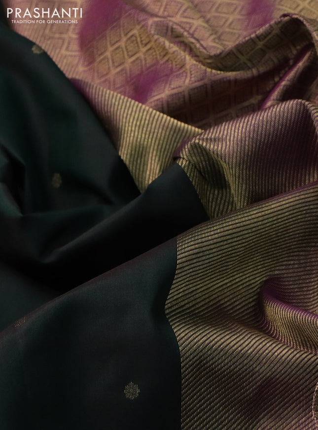 Pure kanchipuram silk saree bottle green and purple with zari woven buttas and rich zari woven border