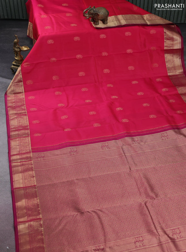 Pure kanchipuram silk saree pink and magenta pink with paisley zari woven buttas and rich zari woven border
