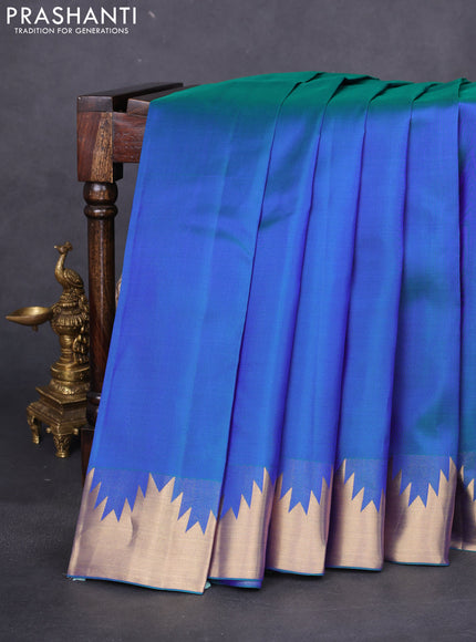 Pure kanchipuram silk saree dual shade of bluish green with plain body and temple zari woven border