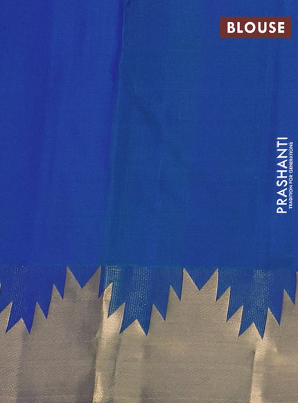 Pure kanchipuram silk saree dual shade of bluish green with plain body and temple zari woven border