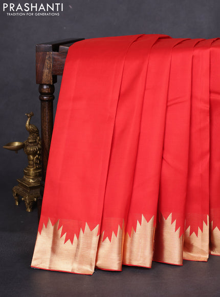 Pure kanchipuram silk saree red with plain body and temple zari woven border