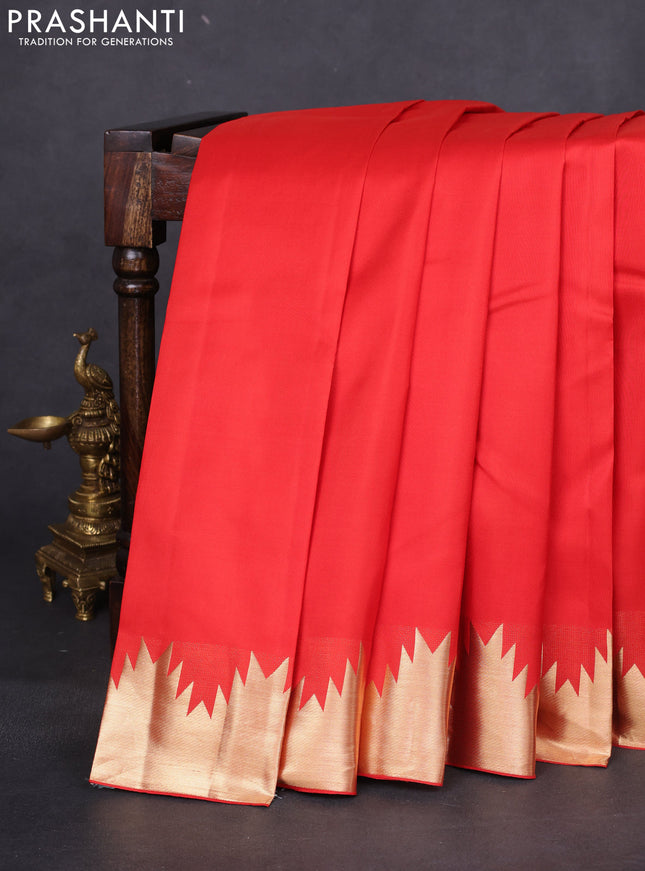 Pure kanchipuram silk saree red with plain body and temple zari woven border