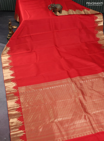 Pure kanchipuram silk saree red with plain body and temple zari woven border
