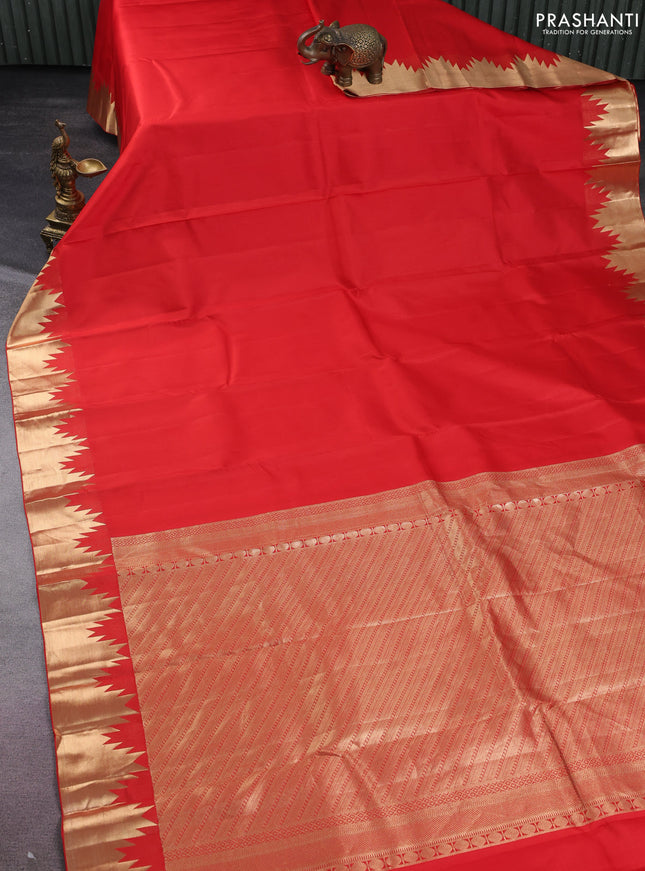 Pure kanchipuram silk saree red with plain body and temple zari woven border