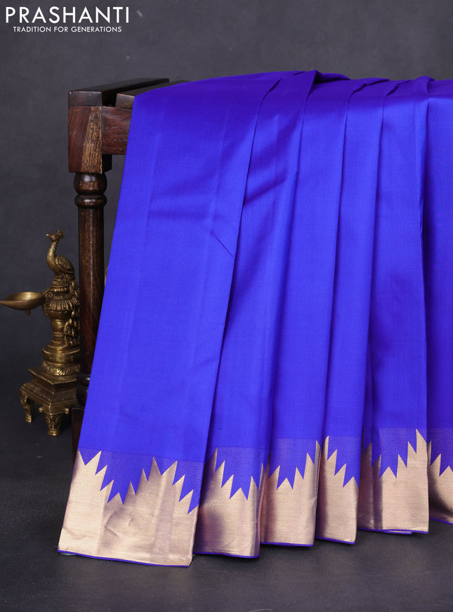 Pure kanchipuram silk saree royal blue with plain body and temple zari woven border