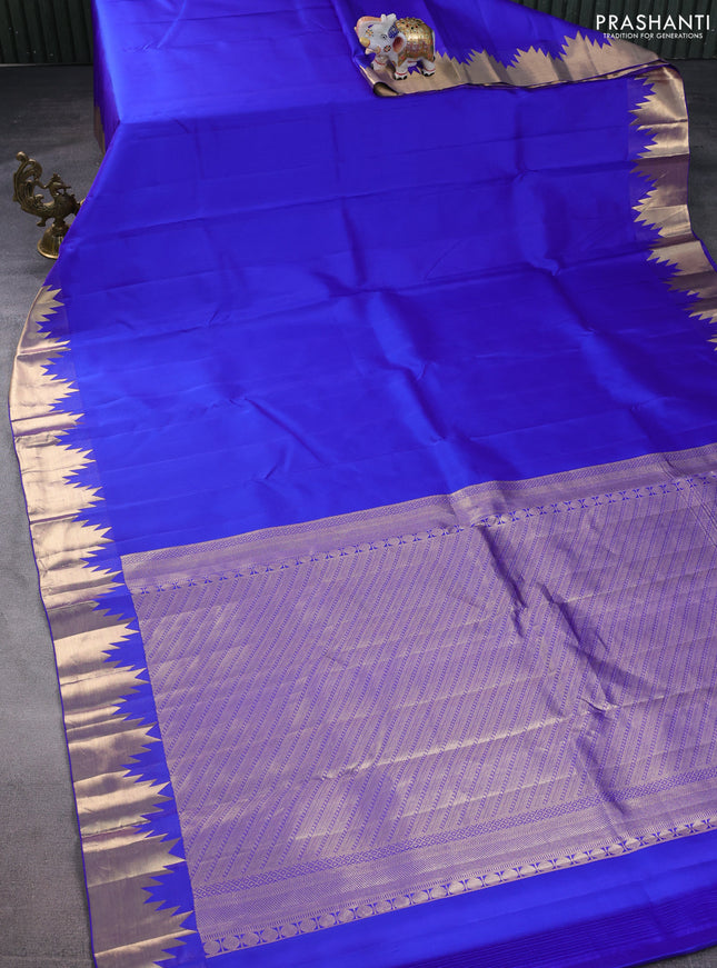 Pure kanchipuram silk saree royal blue with plain body and temple zari woven border