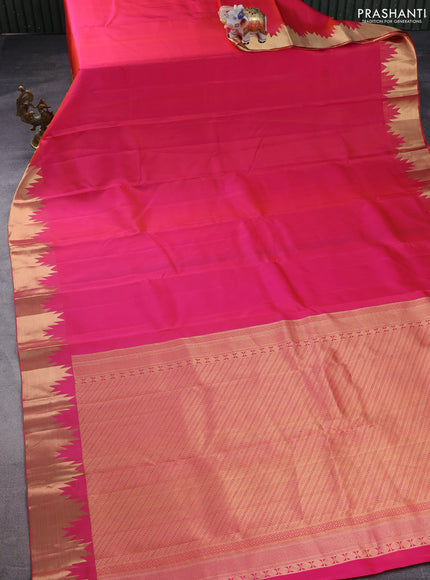 Pure kanchipuram silk saree dual shade of pinkish orange with plain body and temple zari woven border