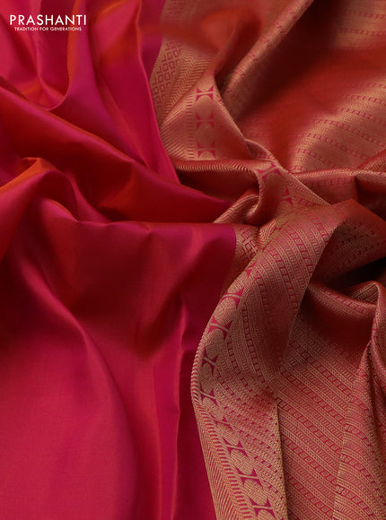 Pure kanchipuram silk saree dual shade of pinkish orange with plain body and temple zari woven border