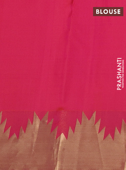 Pure kanchipuram silk saree dual shade of pinkish orange with plain body and temple zari woven border